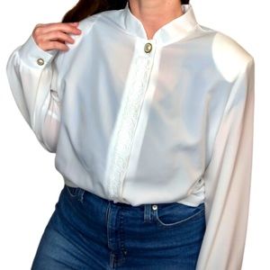 Old Money VINTAGE White Dressy Sheer Button-down Blouse Shirt Top Plus Size 18